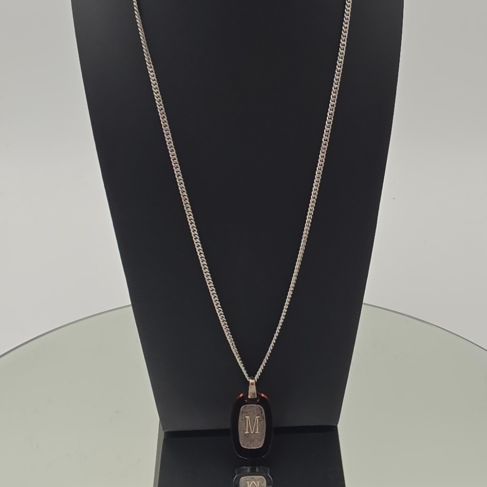 Initial M Pendant Necklace Mens OS Silver Red Good Sterling Curb Chain